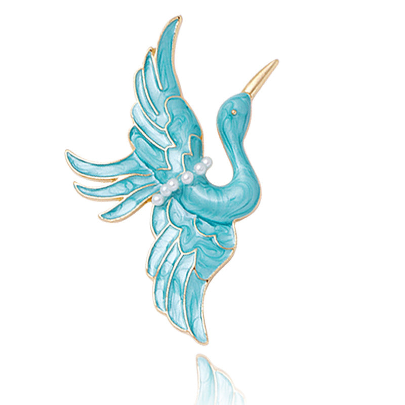 Broche grue bleue en émail, goutte d'huile, perle