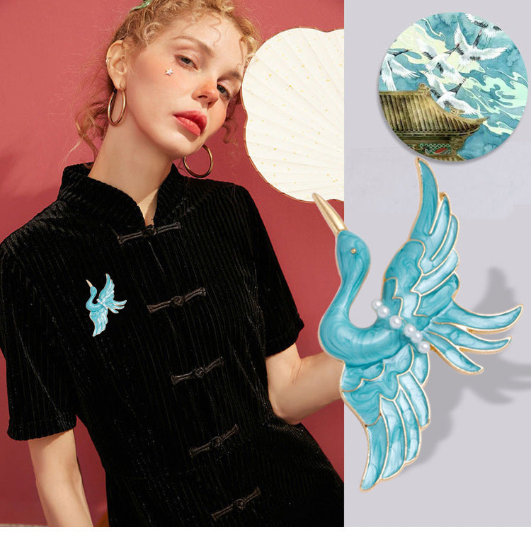 Broche grue bleue en émail, goutte d'huile, perle