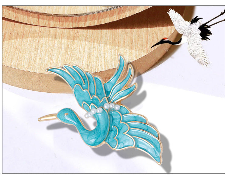 Broche grue bleue en émail, goutte d'huile, perle