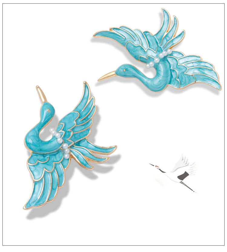 Broche grue bleue en émail, goutte d'huile, perle