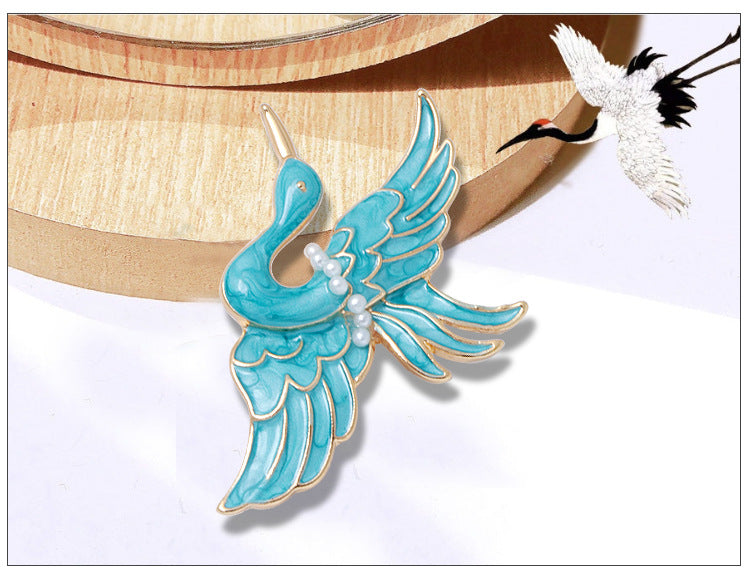 Broche grue bleue en émail, goutte d'huile, perle