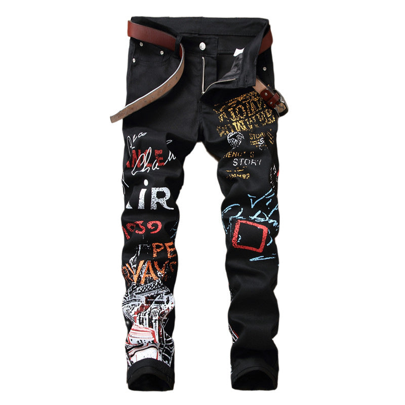 Jeans Slim Graffiti Print Plus Size Byxor Herr