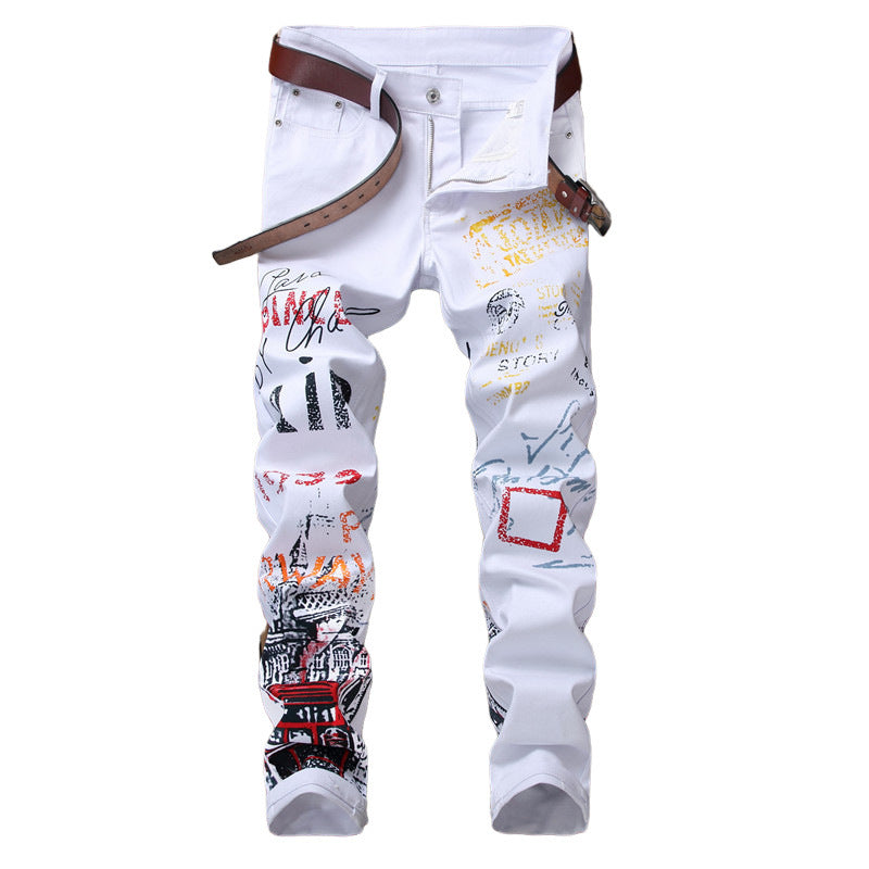 Jeans Slim Graffiti Print Plus Size Byxor Herr