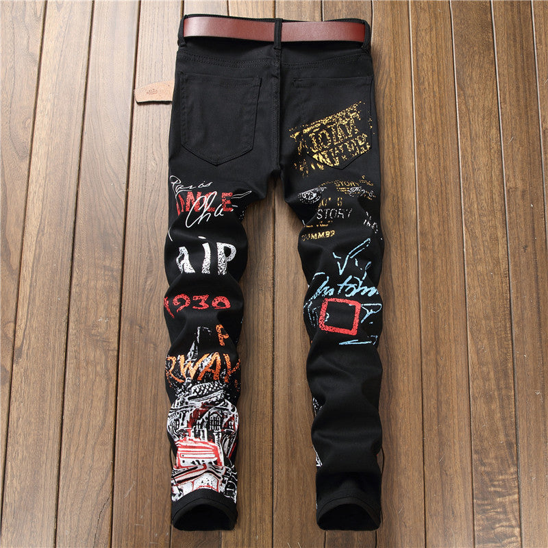 Jeans Slim Graffiti Print Plus Size Byxor Herr