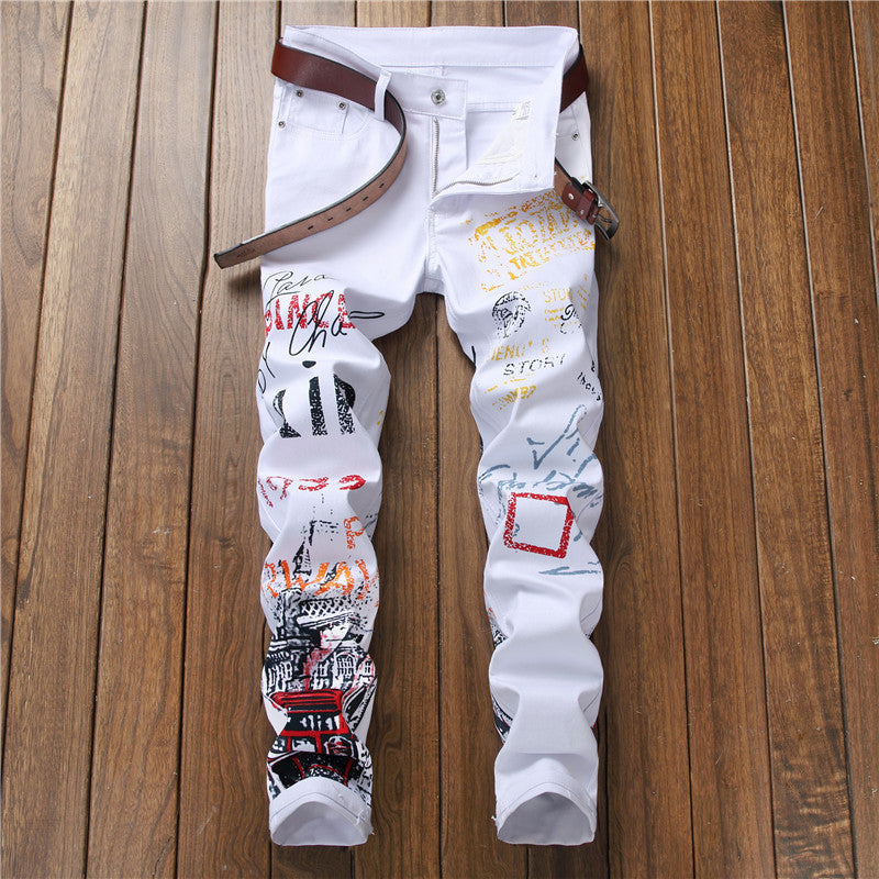 Jeans Slim Graffiti Print Plus Size Byxor Herr