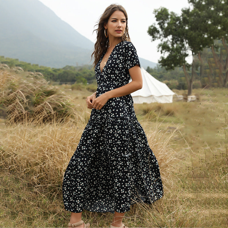Robe longue femmes été Boho robe à fleurs Sexy avec col en v