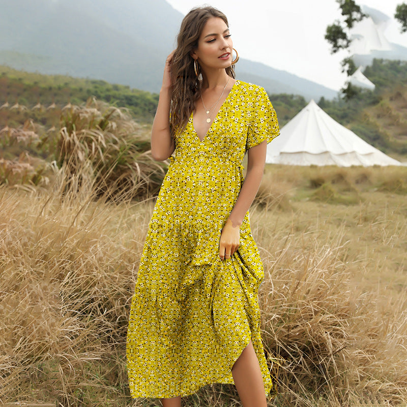 Robe longue femmes été Boho robe à fleurs Sexy avec col en v