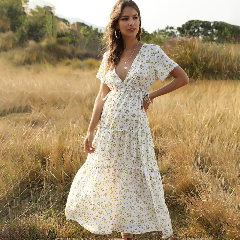 Robe longue femmes été Boho robe à fleurs Sexy avec col en v