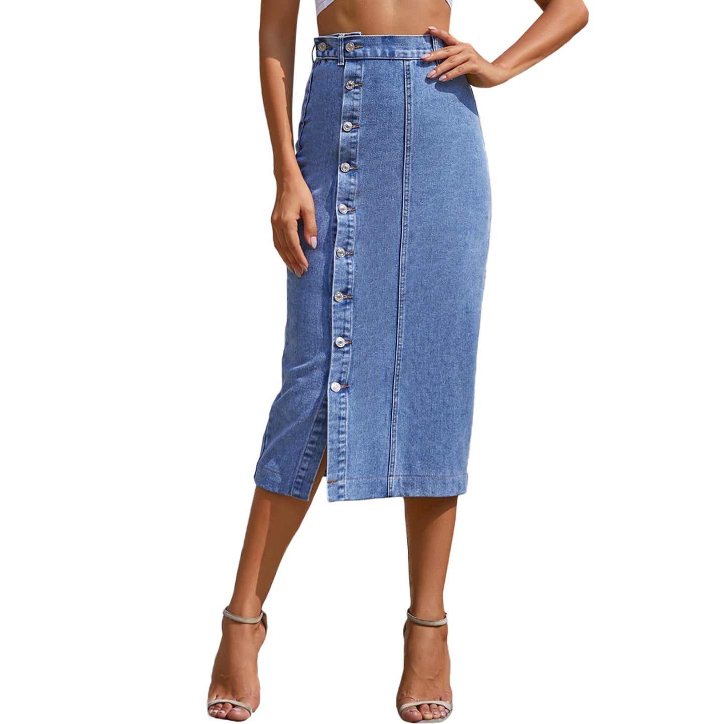 Jupe taille haute en denim à fente irrégulière et boutons