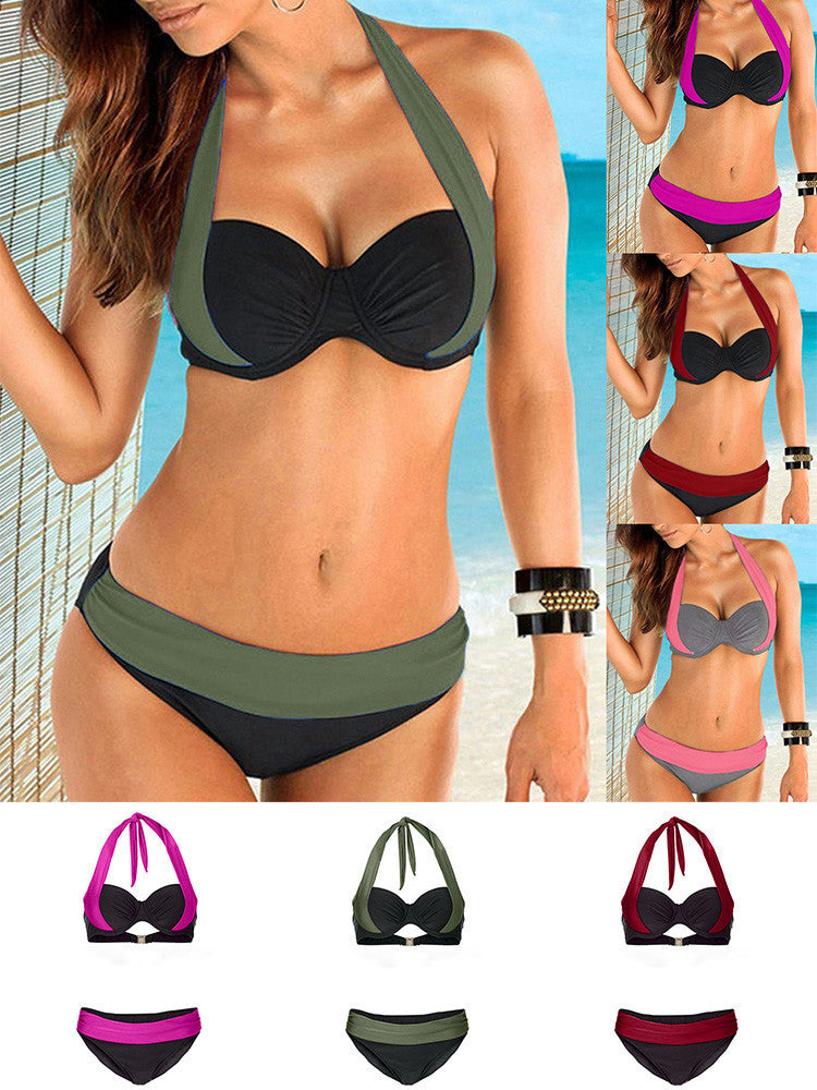 European And American Beach Sexy Stitching Split Swimsuit Bikini