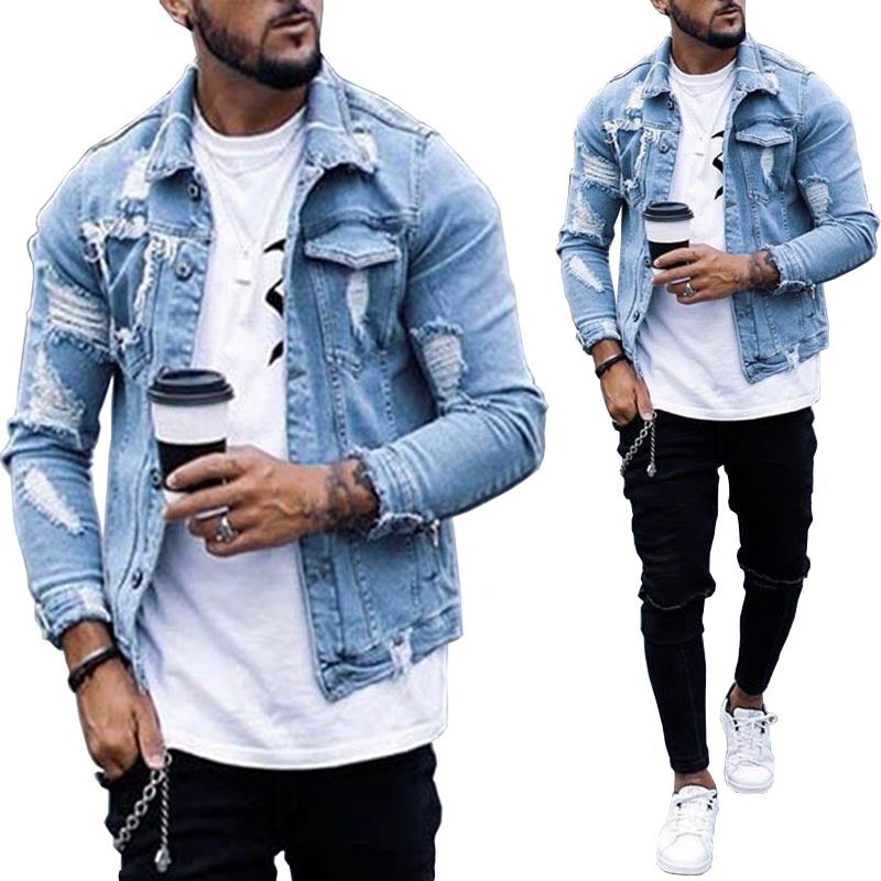 Lapel Men's Denim Jacka Ripped Irregular Washed Jacket