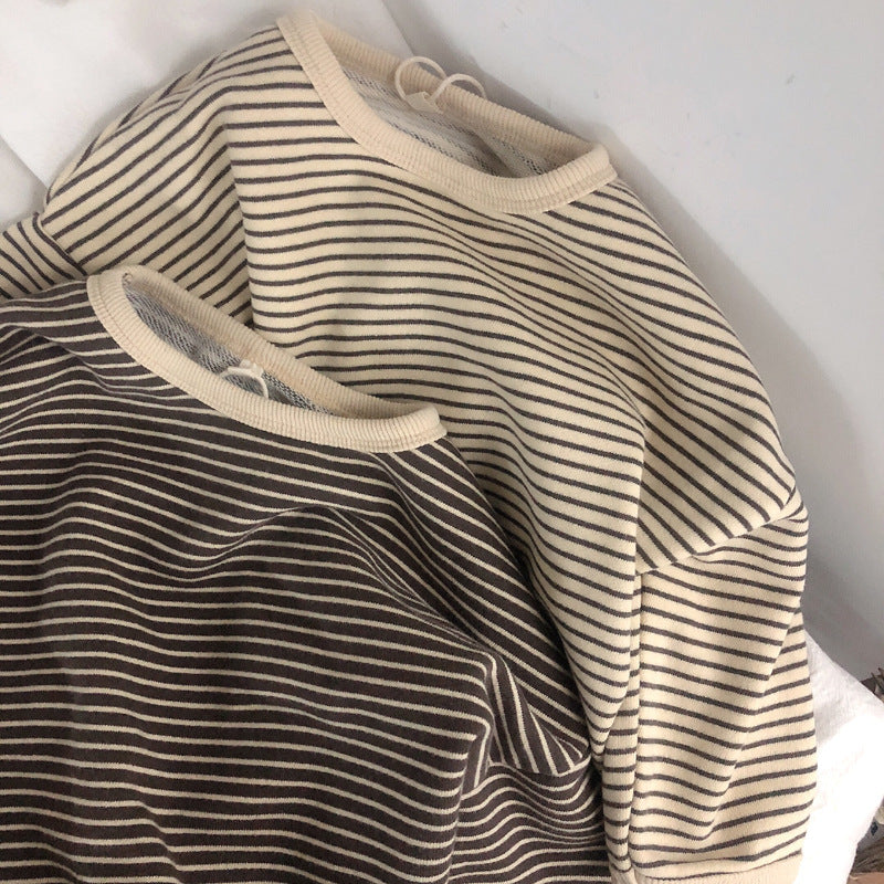 Boys Girls Striped Round Neck T-Shirt - Loose Pullover Kids Clothing