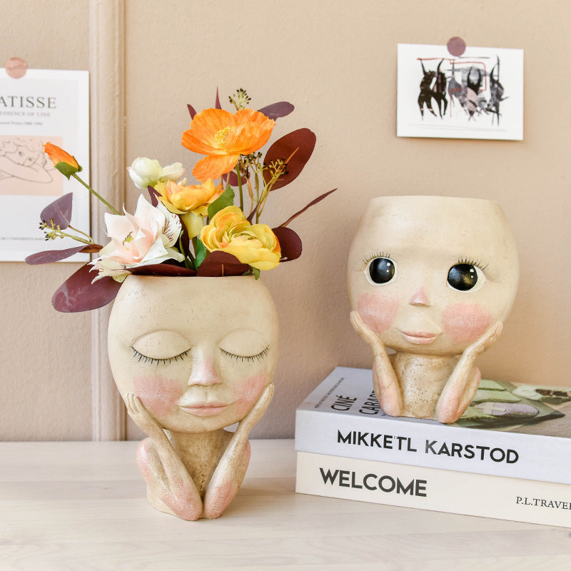 Ansiktshuvuddesign Skulptur Blomkruka Trädgård Inomhusväxtkruka Konst Blomkruka