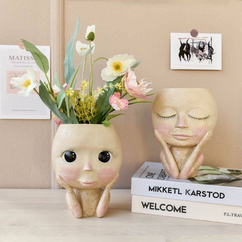 Ansiktshuvuddesign Skulptur Blomkruka Trädgård Inomhusväxtkruka Konst Blomkruka