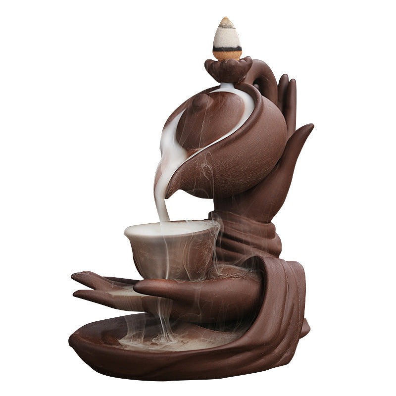 F céramique cascade brûleur d'encens bouddha main encensoir intérieur fumée reflux fontaine d'encens bouddhiste autel Table décor