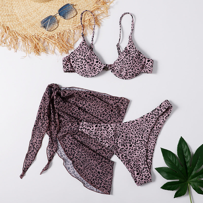 Professional Sexy Leopard Print Split Swimsuit Women's Three-Piece Set - UV-Protective Materials (Beach Cover-Up, Flattering Fit, Summer Vacation)