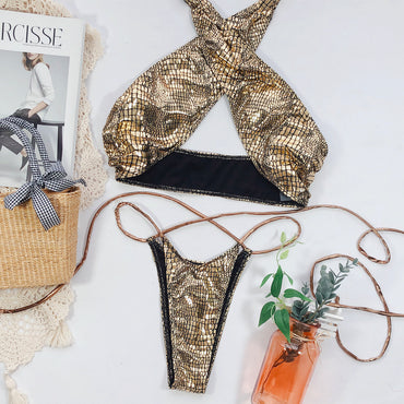 Professional Sexy Hot Style Snake Print Strappy Bikini - Polyester Nylon (150g, First-Class Quality, European American)