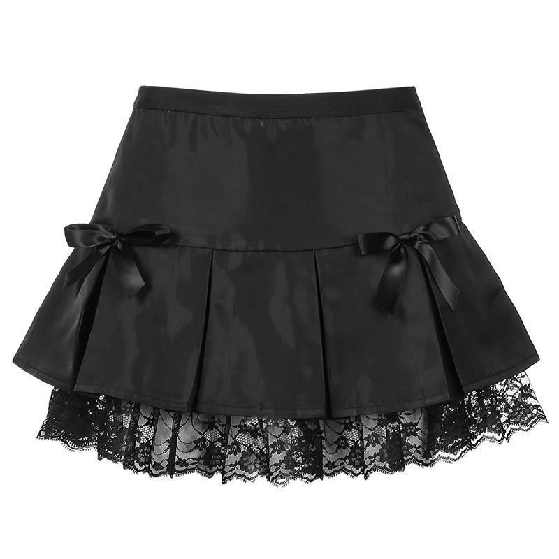 Black Goth Aesthetic Pleated Skirts Women Lace Trim Dance - Gothic Grace