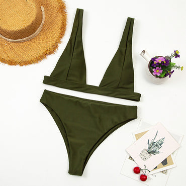 Professional Deep V High Waist Brazilian Bikini Two-Piece - Nylon Construction (8 Colors, S-L, First-Class Quality)