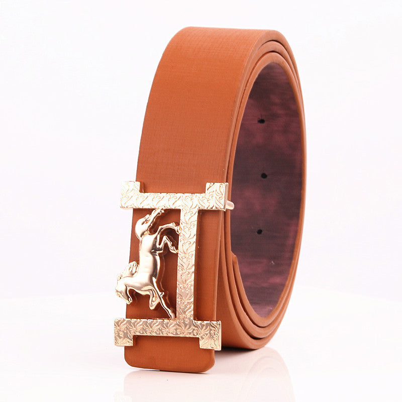 Horse Gold Buckle Real Leather Belt - Equestrian Elegance