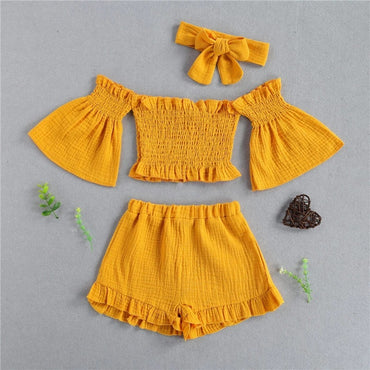 Costume d'été pour filles, une épaule pliable, manches évasées, short trois pièces