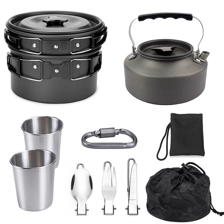 Professional Outdoor Portable Cookware Mess Kit - Aluminum Alloy (928g, 1.1L Teapot, 3 Colors)