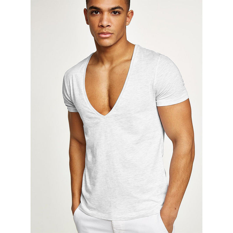 Skjortor Herr Djup V-hals Kortärmade T-shirts Sommar Streetwear Casual Solid Slim Polyester T-shirts Gym Fitness Boxning T-shirt Toppar