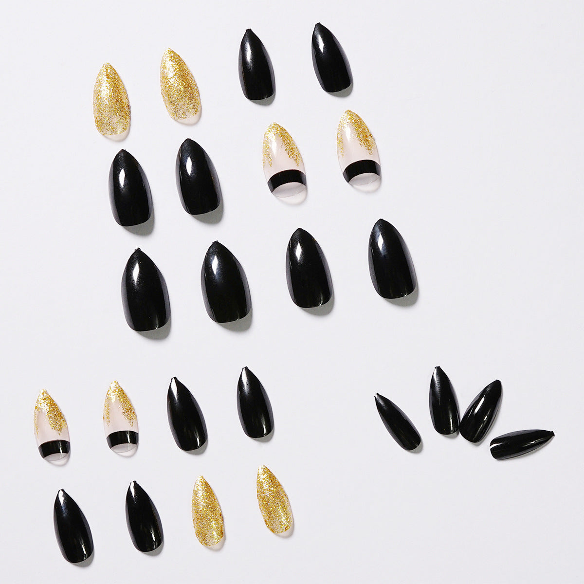 Black Gold Glitter Pointed Nails - JP984 24 Pieces | Professional Nail Tools Finished