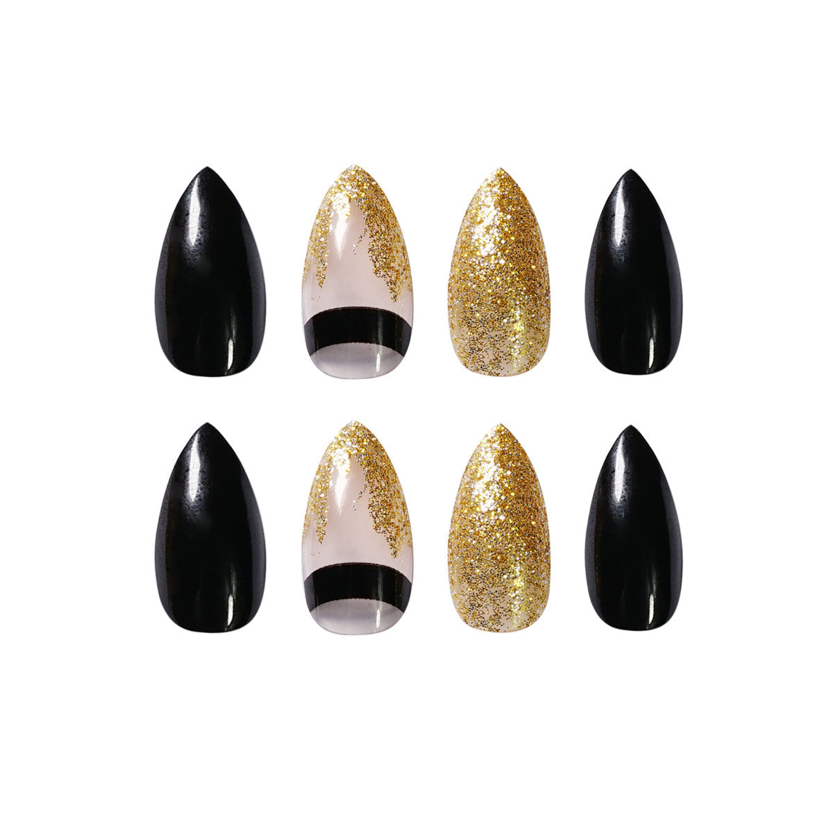 Black Gold Glitter Pointed Nails - JP984 24 Pieces | Professional Nail Tools Finished