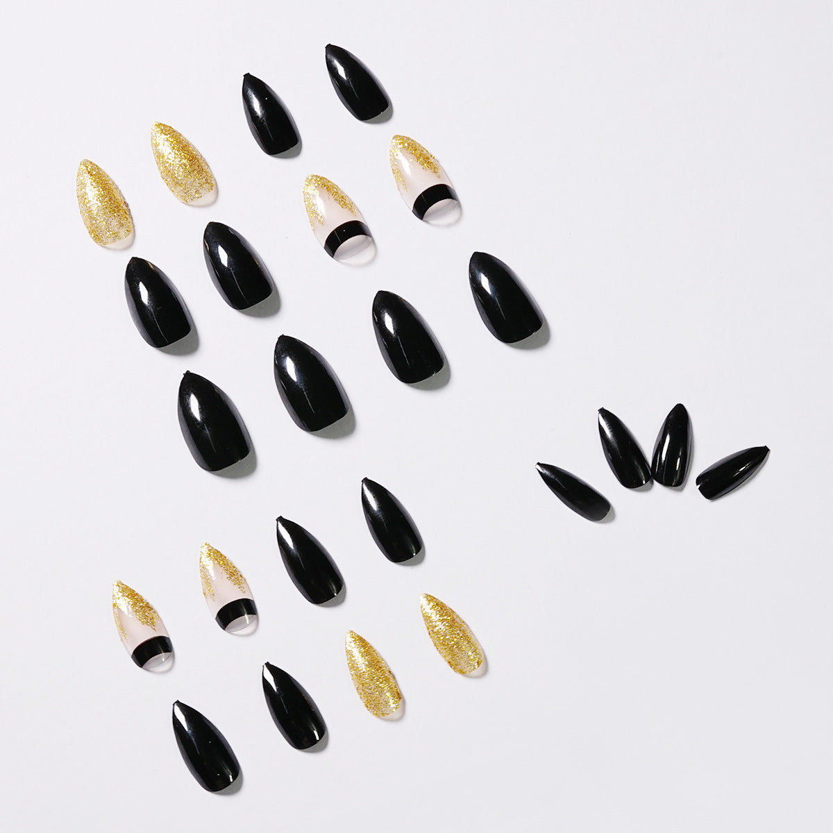 Black Gold Glitter Pointed Nails - JP984 24 Pieces | Professional Nail Tools Finished