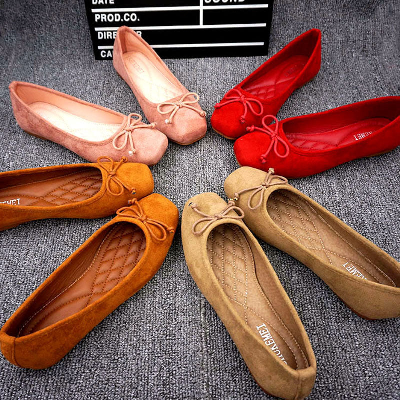 Women's Square Toe Bow Flat Shoes - Velvet Comfort