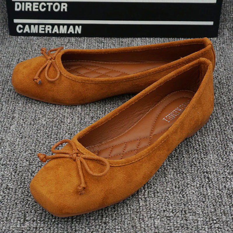 Women's Square Toe Bow Flat Shoes - Velvet Comfort