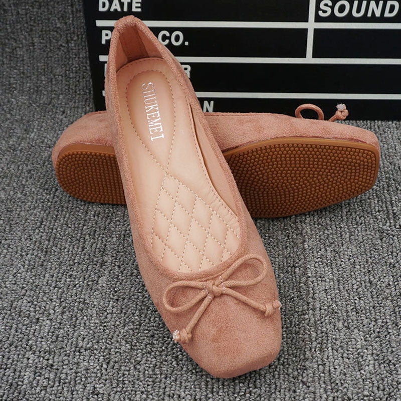 Women's Square Toe Bow Flat Shoes - Velvet Comfort