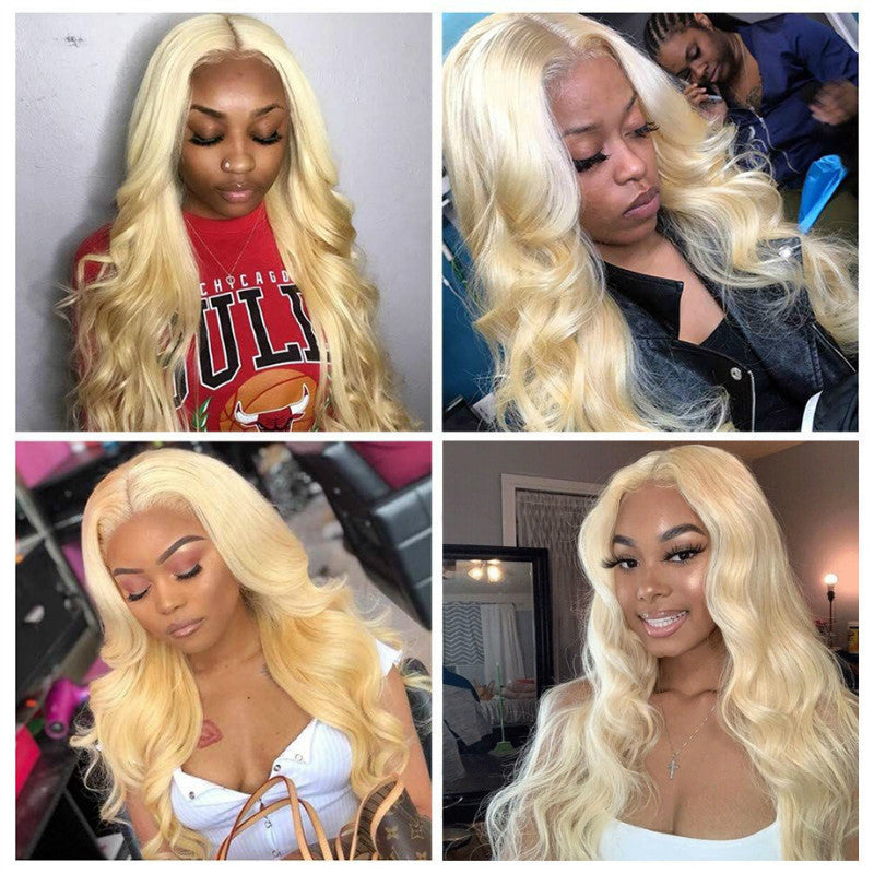 Blond spets frontperuk Transparent spets frontal peruk Förplockad brasiliansk kroppsvåg människohår peruker