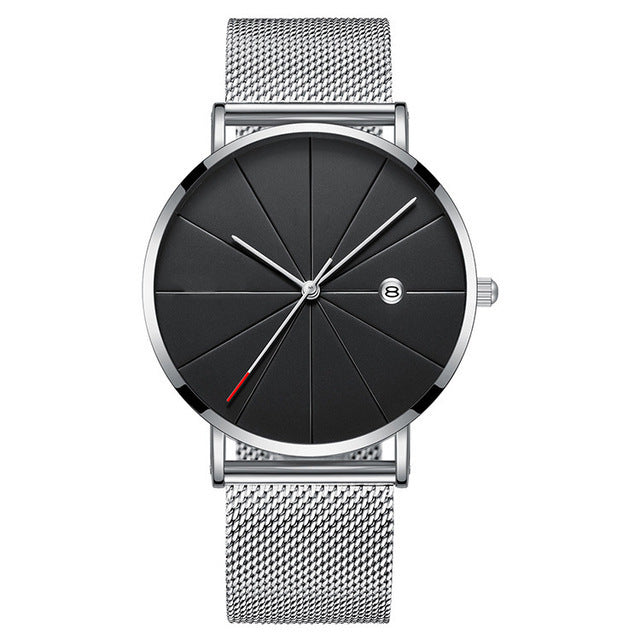 Kalender Tunn Herrklocka Rostfritt stål Mesh Band Quartz Armbandsur Herrklocka