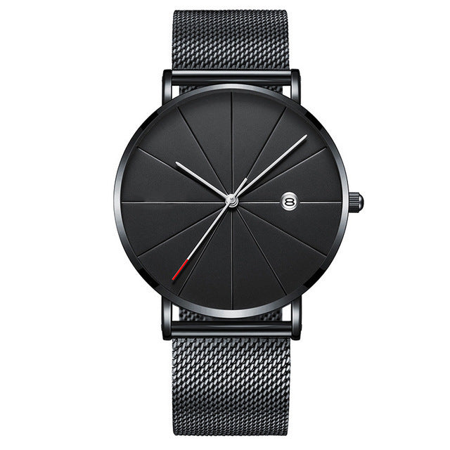 Kalender Tunn Herrklocka Rostfritt stål Mesh Band Quartz Armbandsur Herrklocka