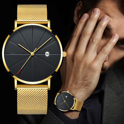 Kalender Tunn Herrklocka Rostfritt stål Mesh Band Quartz Armbandsur Herrklocka