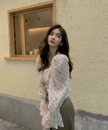 French Floral Chiffon Shirt Coat Women\'s Summer Thin Senior Design Small Short Shirt Long Sleeve Top