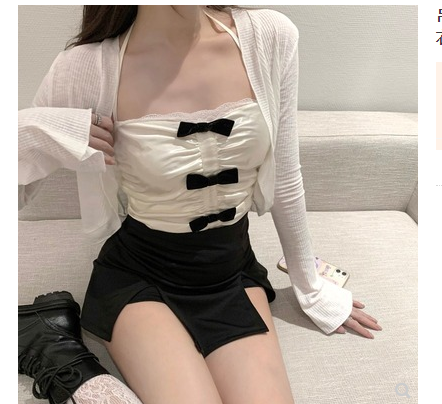 Hängselväst Damsommardesign Kort fransk Sexig Hot Girl Bow Spets Topp