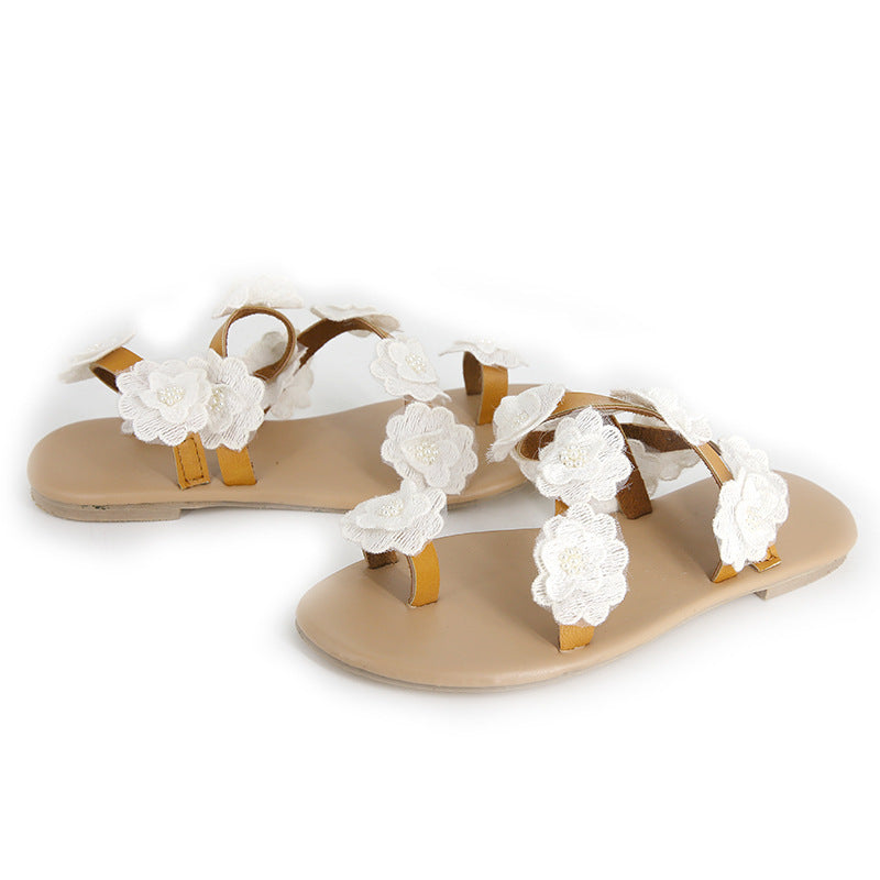 Summer PU Toe Flowers Flat Bottom Sandals - Ladies Fashion