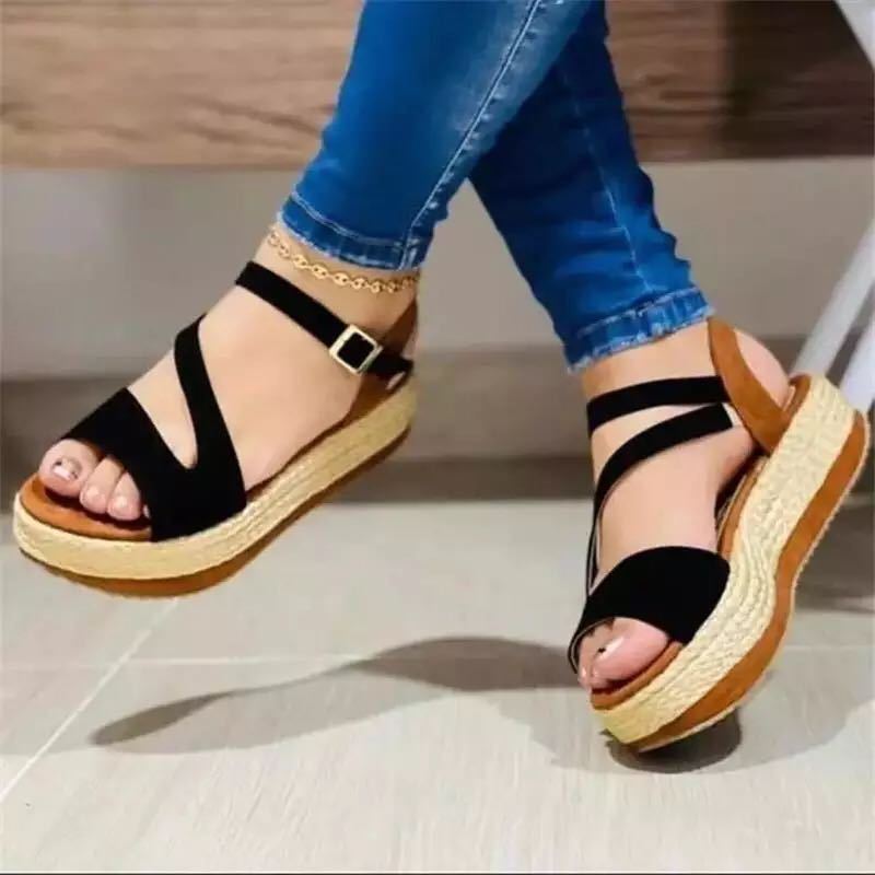 C it all Women's Platform Sandals Hollow Buckle Detail – Black Blue White EU 35-43
