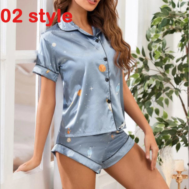 Summer Satin Women Pajamas Print V-neck Stretch Underwear Female Sleepwear Casual Shorts Set Loungewear Women