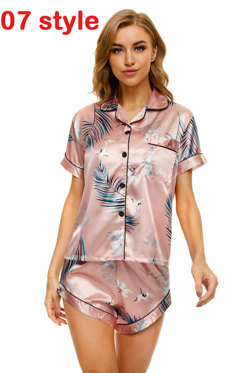 Summer Satin Women Pajamas Print V-neck Stretch Underwear Female Sleepwear Casual Shorts Set Loungewear Women
