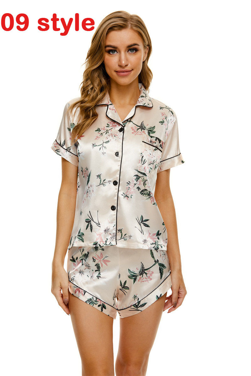 Summer Satin Women Pajamas Print V-neck Stretch Underwear Female Sleepwear Casual Shorts Set Loungewear Women