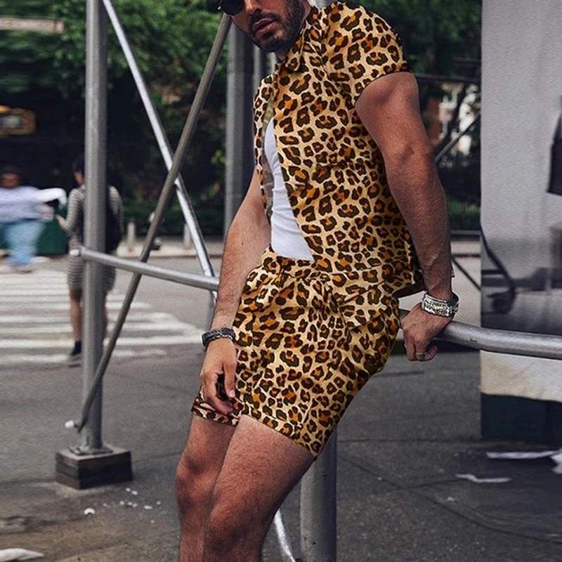 Sommarkläder Herrset Leopardtryckt Slag Kortärmad