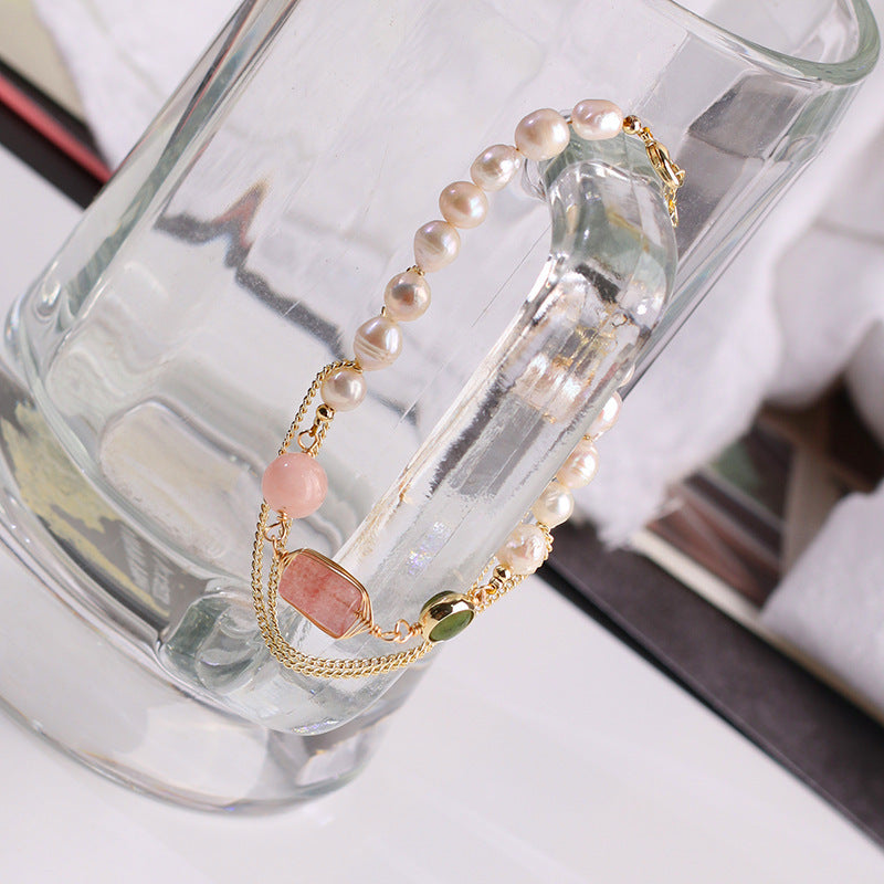 Bracelet en cristal de fraise avec perles d'eau douce naturelles pour femmes