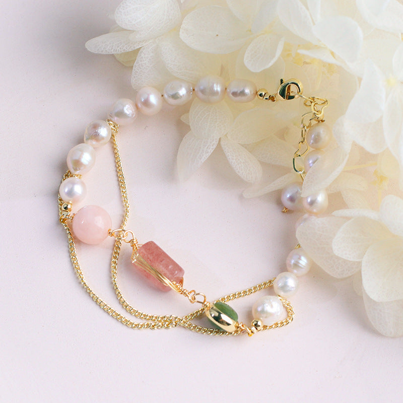 Bracelet en cristal de fraise avec perles d'eau douce naturelles pour femmes