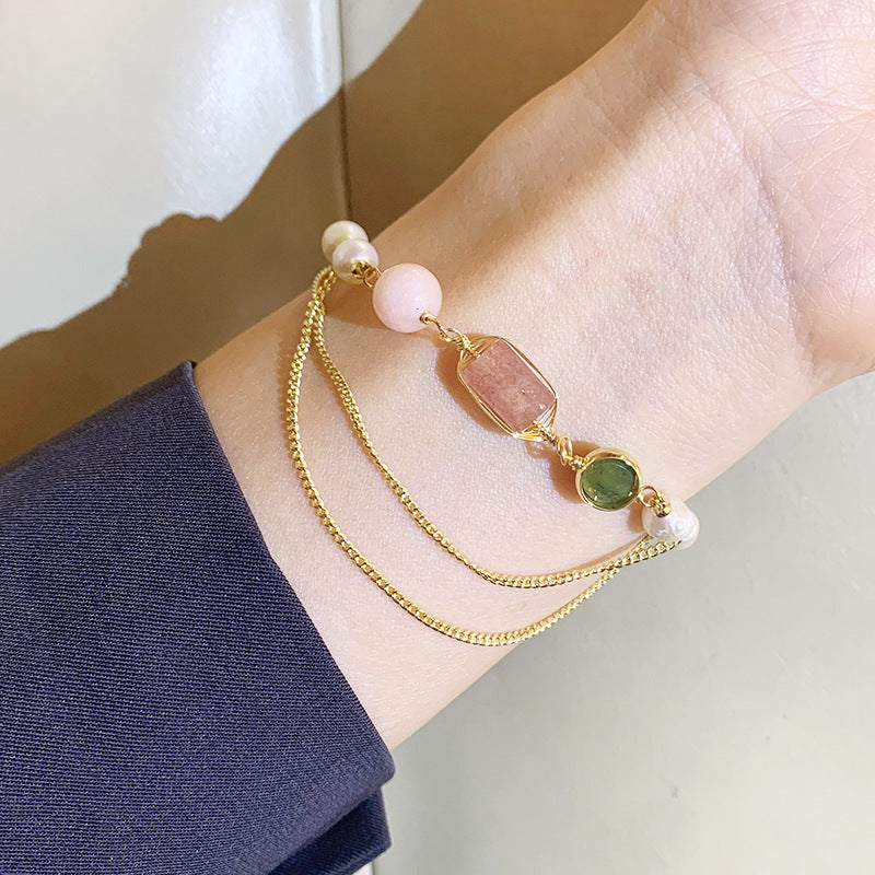 Bracelet en cristal de fraise avec perles d'eau douce naturelles pour femmes