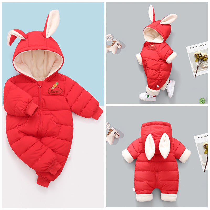 Hooded Cartoon Warm Romper Krypdräkt