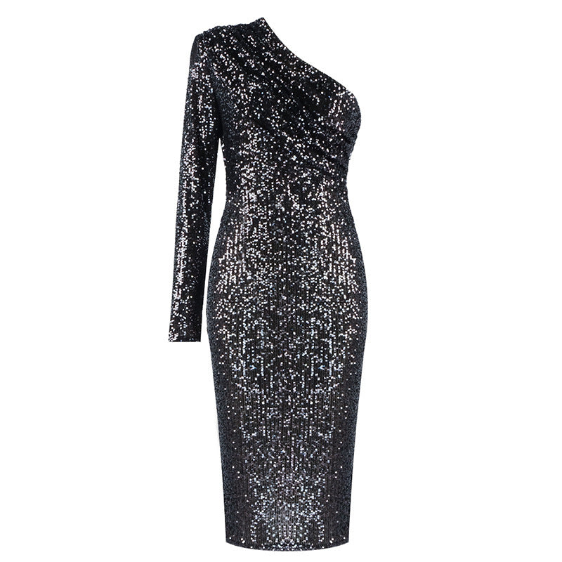 Robe asymétrique épaule dénudée, col Oblique, poitrine enveloppée, robe de soirée, mode paillettes, boîte de nuit, Sexy